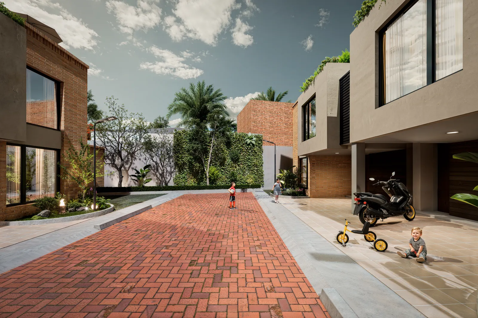 Calle privada en adoquín con niños jugando frente a las casas