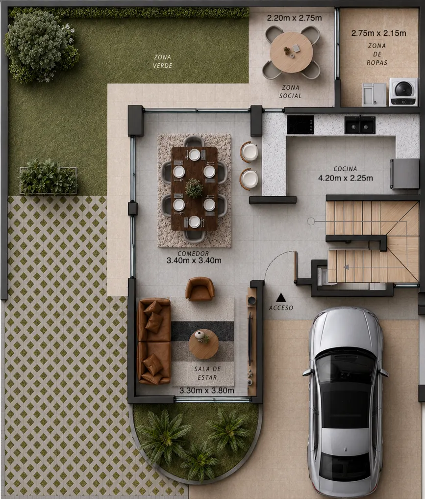 Plano del piso 1: sala, comedor, cocina, zona social exterior, zona de ropas, zona verde y parqueadero