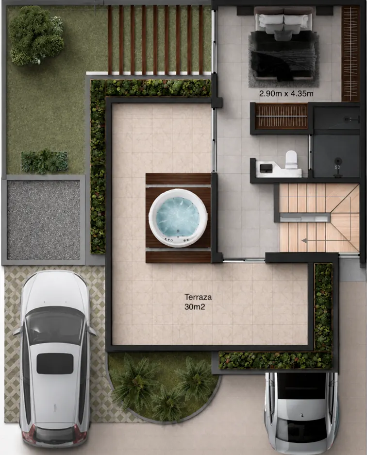 Plano del piso 3: habitación con baño y terraza de 30 m²